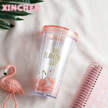 Load image into Gallery viewer, 500ml Flamingo Plastic travel Tea Coffee mug straw Cup tubule with lid Cute Cartoon Drinking Double Wall for Milk Juice Water
