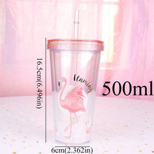 Load image into Gallery viewer, 500ml Flamingo Plastic travel Tea Coffee mug straw Cup tubule with lid Cute Cartoon Drinking Double Wall for Milk Juice Water
