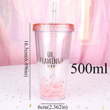 Load image into Gallery viewer, 500ml Flamingo Plastic travel Tea Coffee mug straw Cup tubule with lid Cute Cartoon Drinking Double Wall for Milk Juice Water
